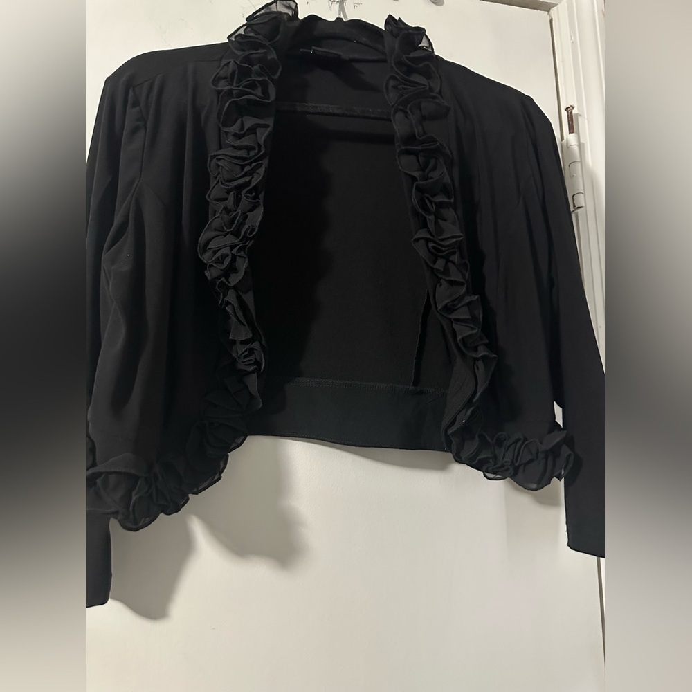 Lennie by Nina Leonard - Black Ruffled Open Front Cardigan